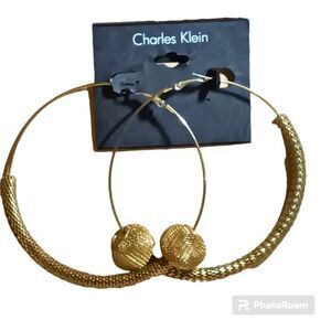 Charles Klein Large Gold Tone Mesh Knit Hoop Earrings
